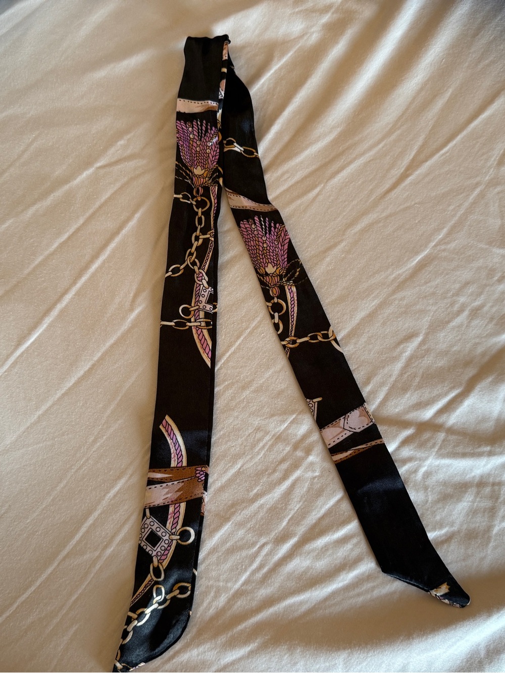 Twill Silk Scarf Ribbon Belt Print Head Bag Neck Tie 34” Black Chain Keychain